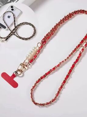 Black OR Red and  Gold Phone Lanyard with Pearl Detail